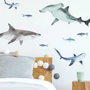 Sharks Peel Stick Wall Decals 28 Stickers Great White Hammerhead Ocean Decor Art